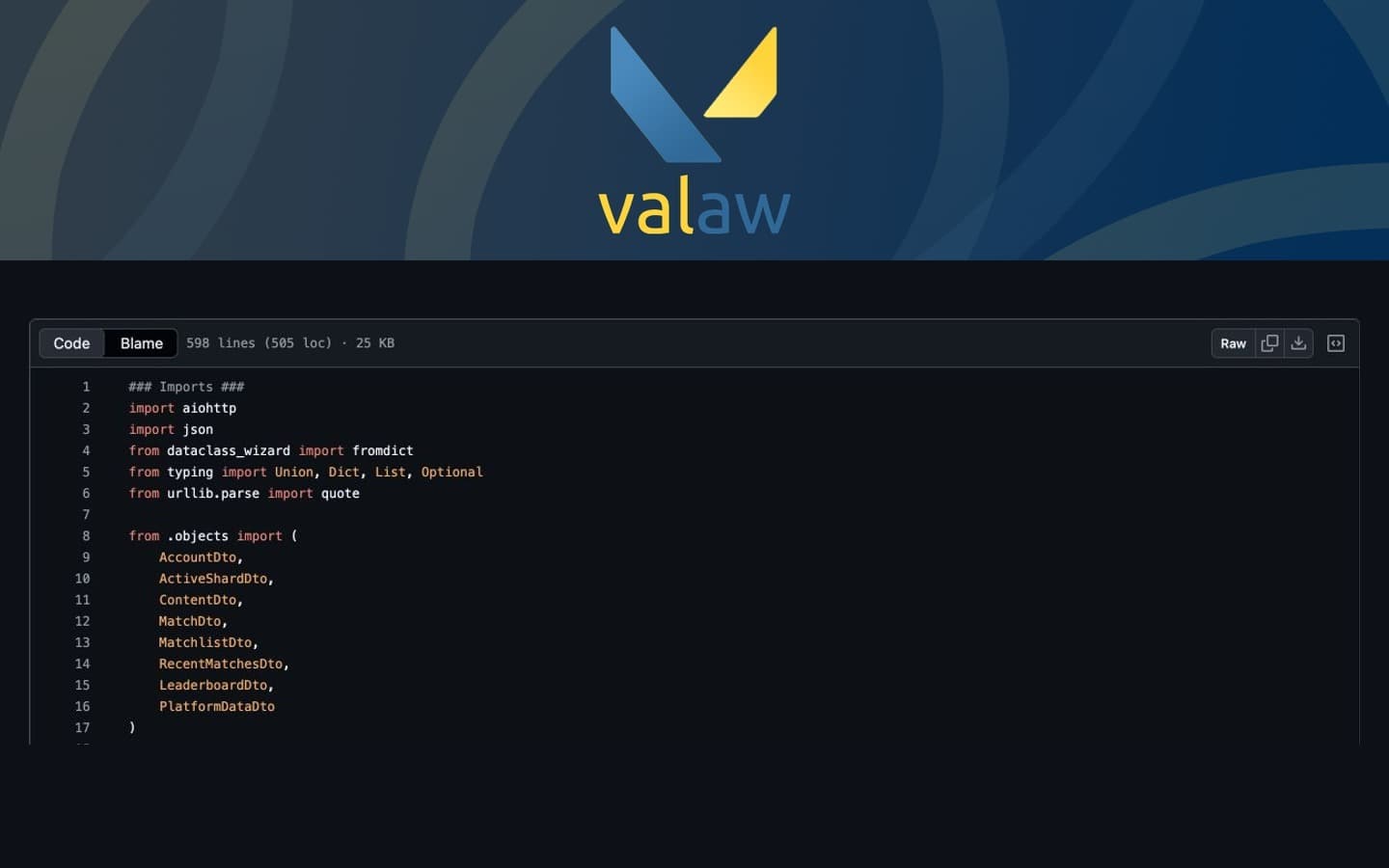 The valaw Python client source code on GitHub