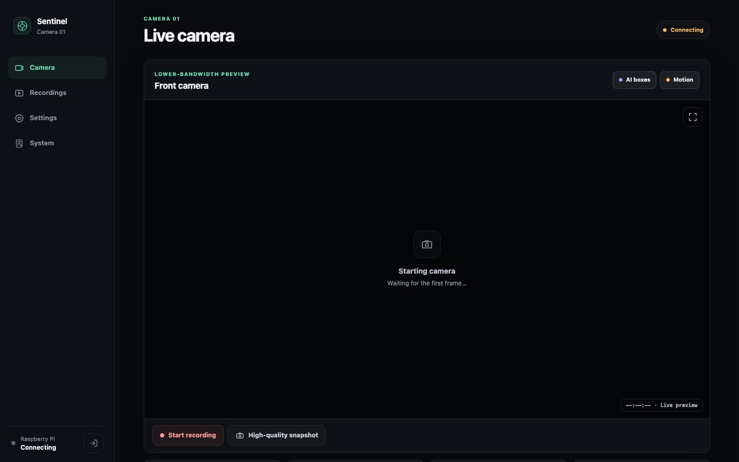 Sentinel Raspberry Pi security camera dashboard